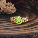 Romantic Round Cut Nature-Inspired Leaf Peridot Engagement Ring for Women